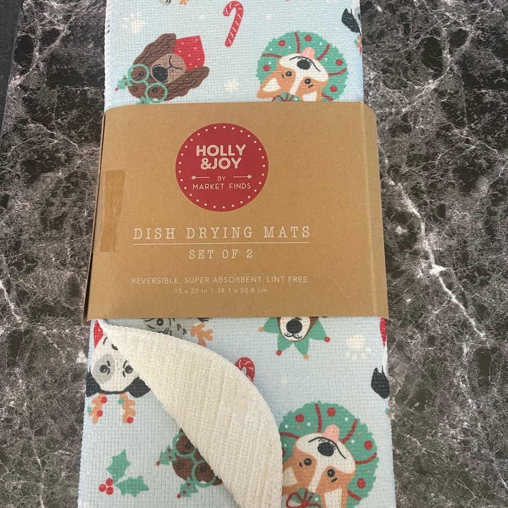 Christmas Theme Red and Blue Dog Print Dish Drying Mats - Set of 2 NWT